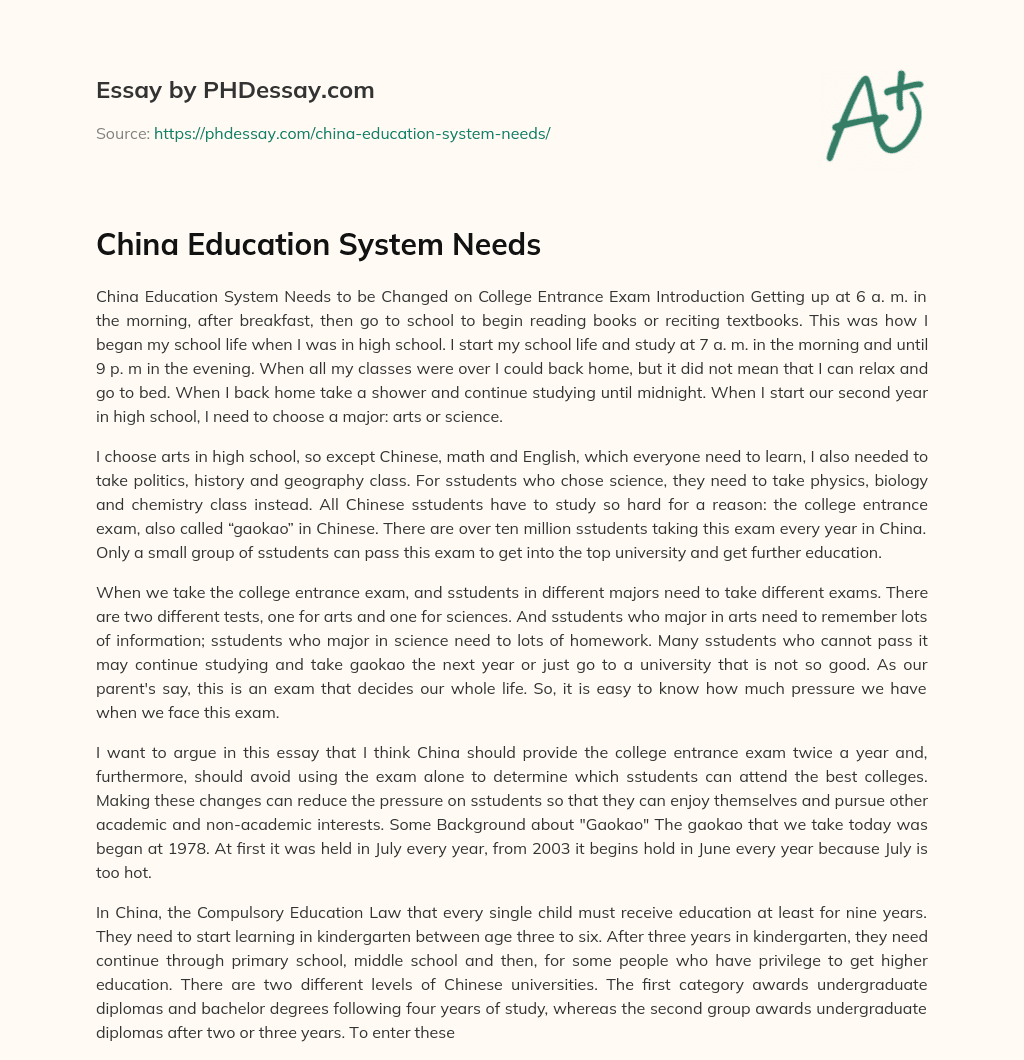 China Education System Needs essay