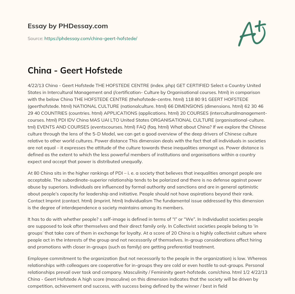 China – Geert Hofstede essay