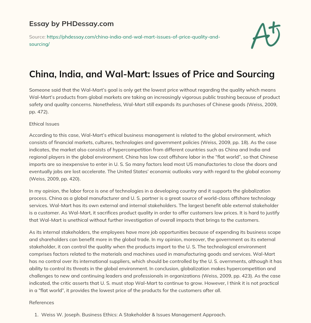 China, India, and Wal-Mart: Issues of Price and Sourcing essay