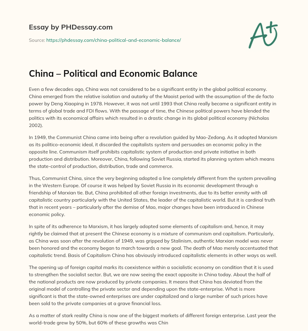 China – Political and Economic Balance essay
