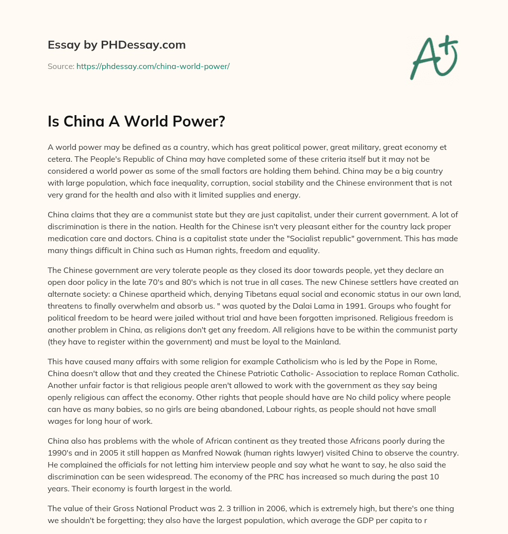 Is China A World Power? essay