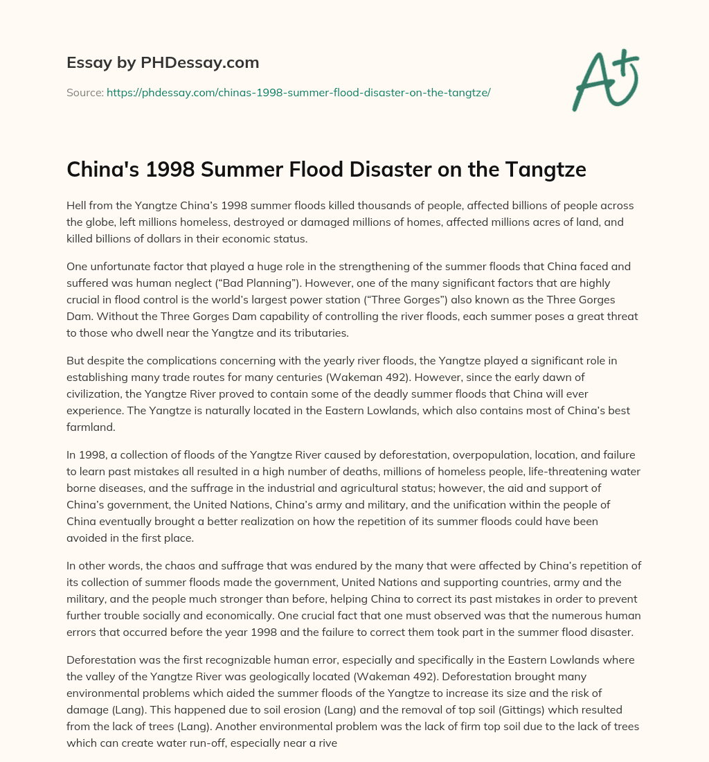China’s 1998 Summer Flood Disaster on the Tangtze essay