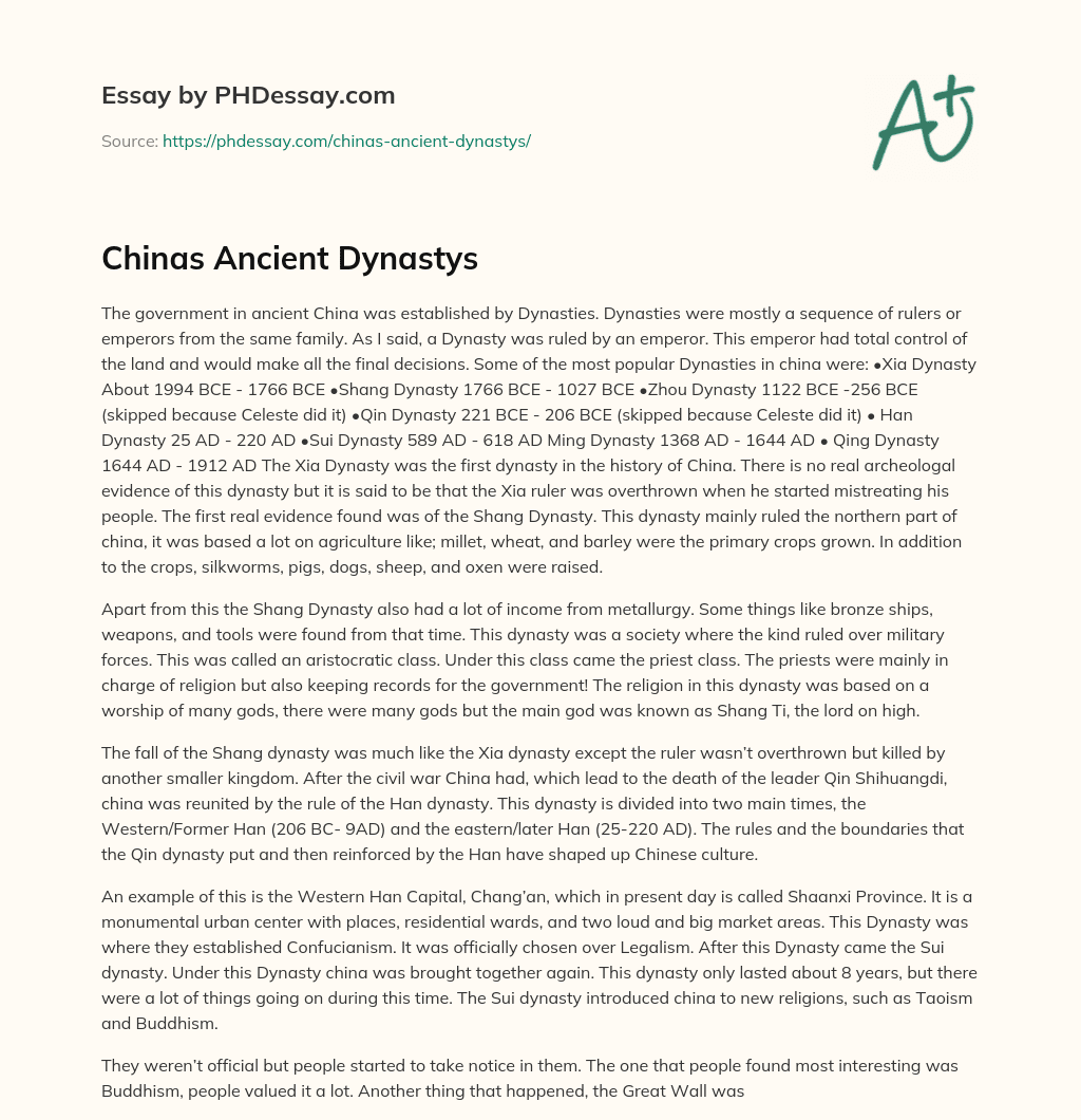 Chinas Ancient Dynastys essay