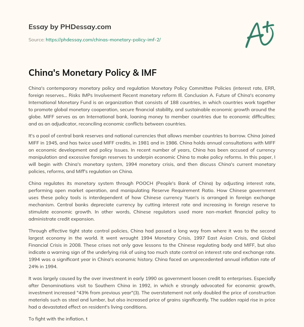 China’s Monetary Policy & IMF essay
