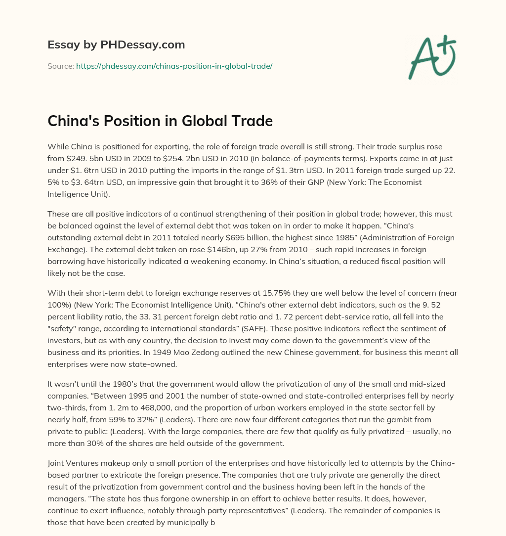 China’s Position in Global Trade essay