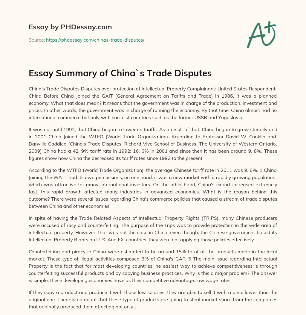 Essay Summary of China`s Trade Disputes essay