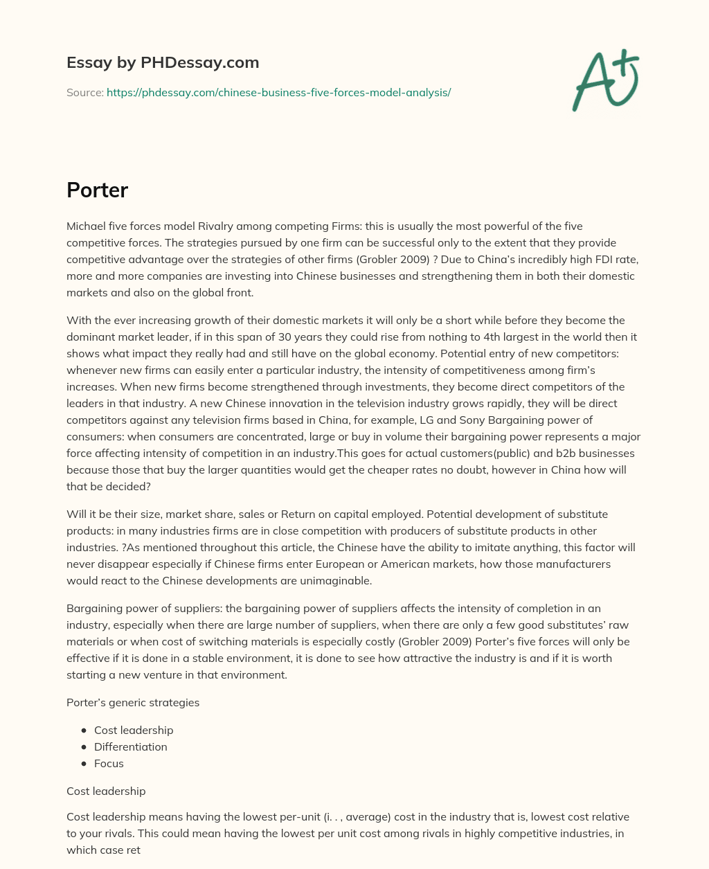 Michael Porter’s Five Forces Model and China’s Growing Influence in Global Markets essay