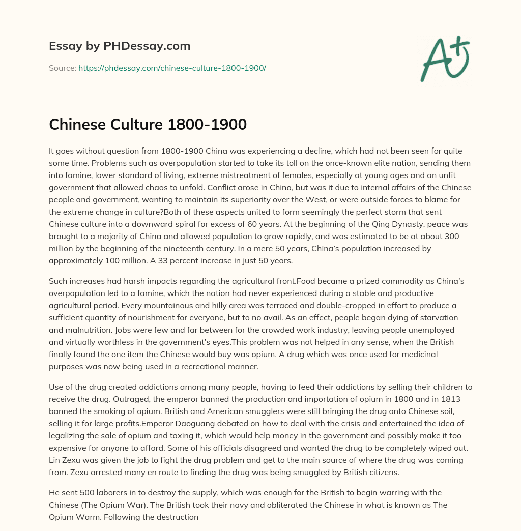 Chinese Culture 1800-1900 essay