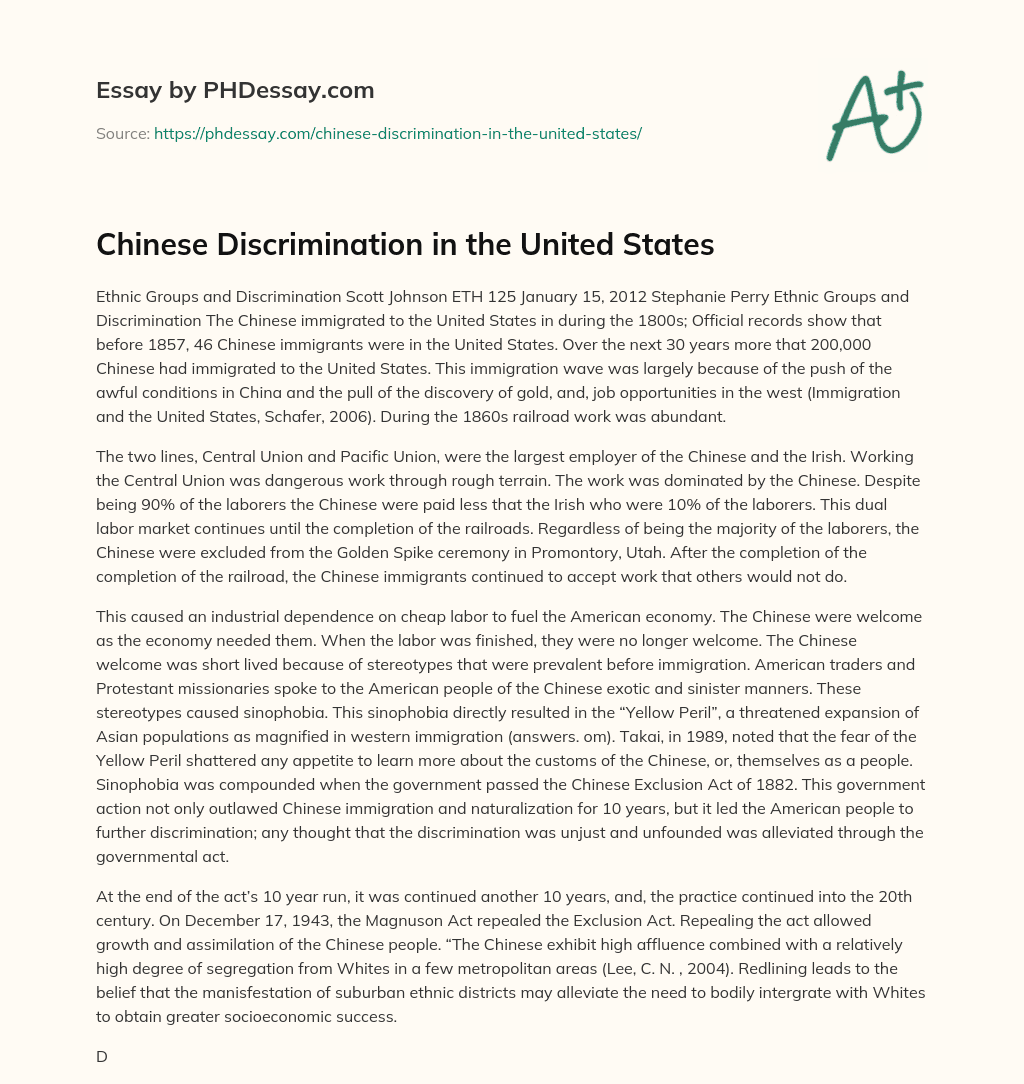 Chinese Discrimination in the United States essay