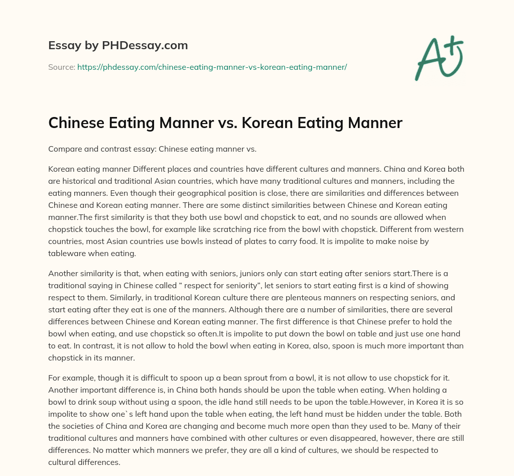 Chinese Eating Manner vs. Korean Eating Manner essay