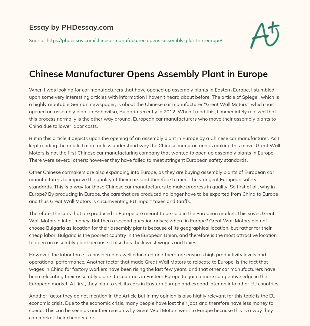 Chinese Manufacturer Opens Assembly Plant in Europe essay