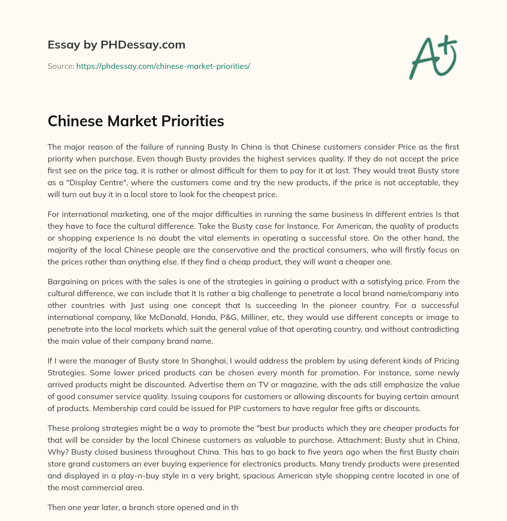 Chinese Market Priorities essay