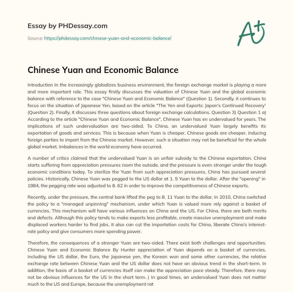 Chinese Yuan and Economic Balance essay