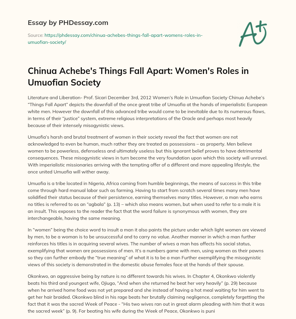 Chinua Achebe’s Things Fall Apart: Women’s Roles in Umuofian Society essay
