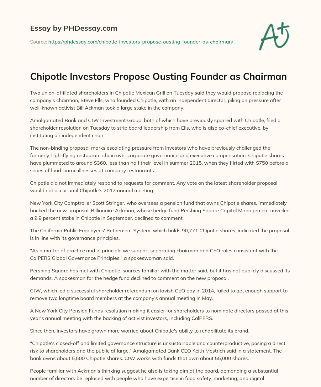 Chipotle Investors Propose Ousting Founder as Chairman essay