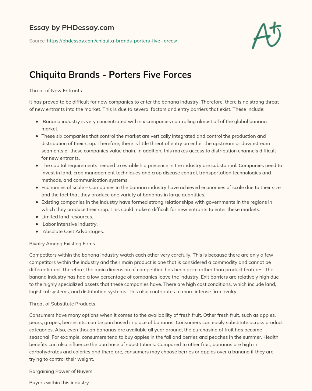Chiquita Brands – Porters Five Forces essay