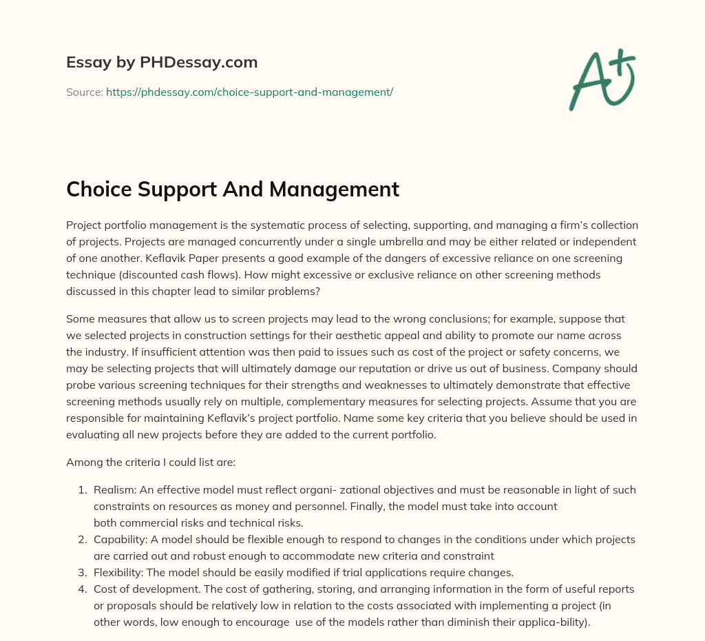 Choice Support And Management essay