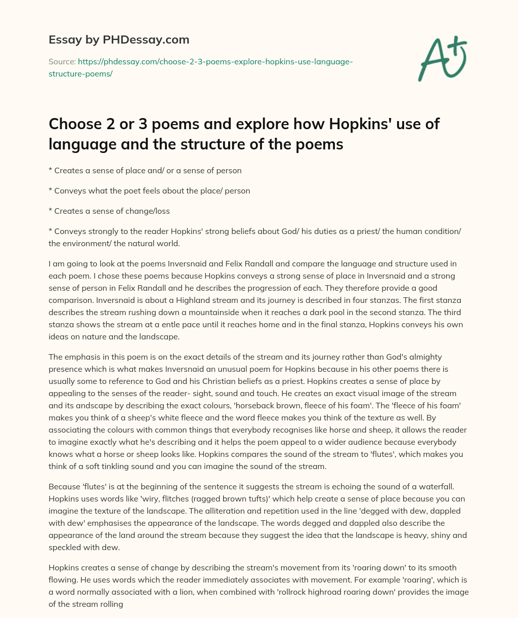 Hopkins’ Poems: Creating a Sense of Place and Person, Conveying Strong Beliefs essay