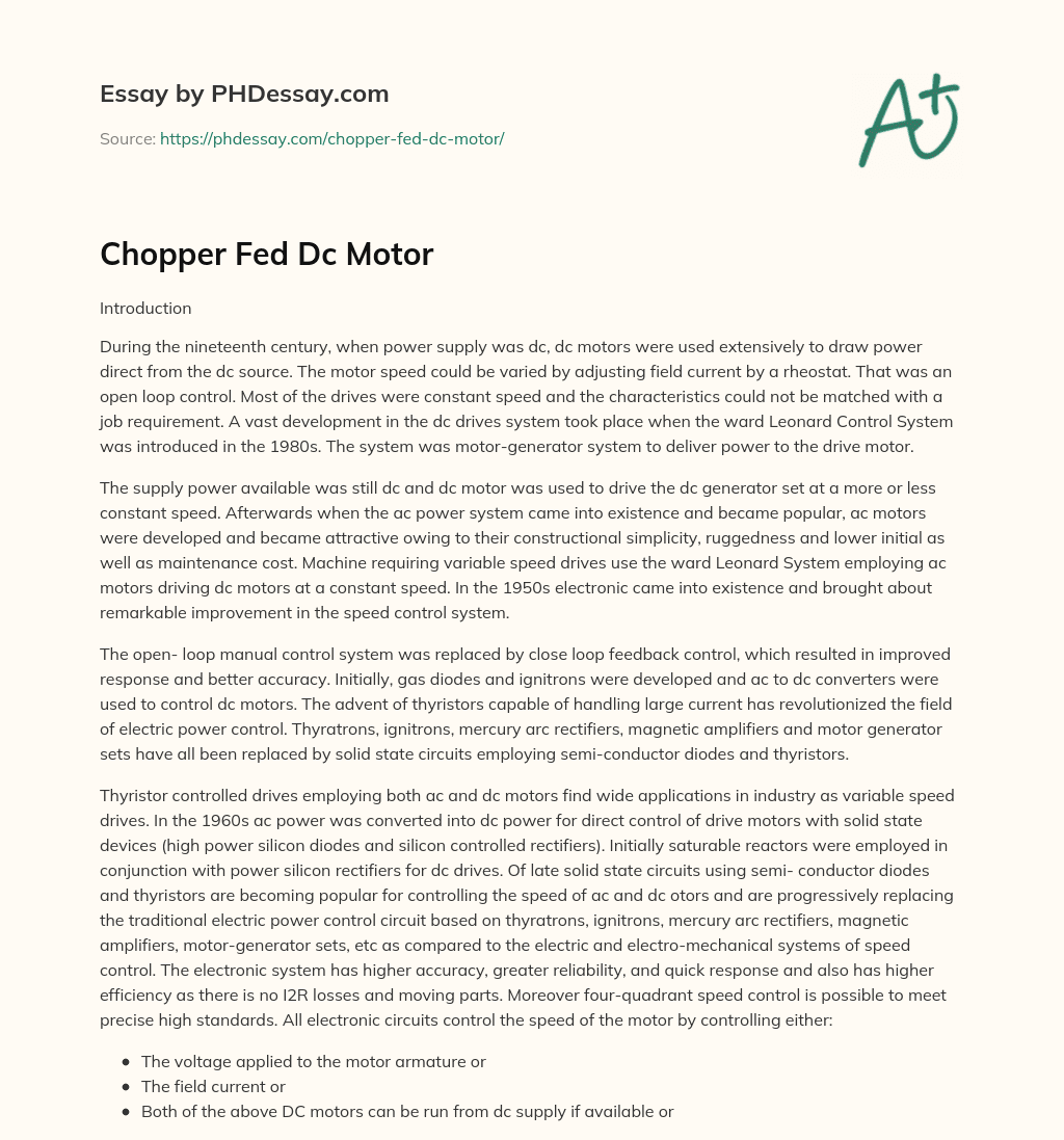 Chopper Fed Dc Motor essay