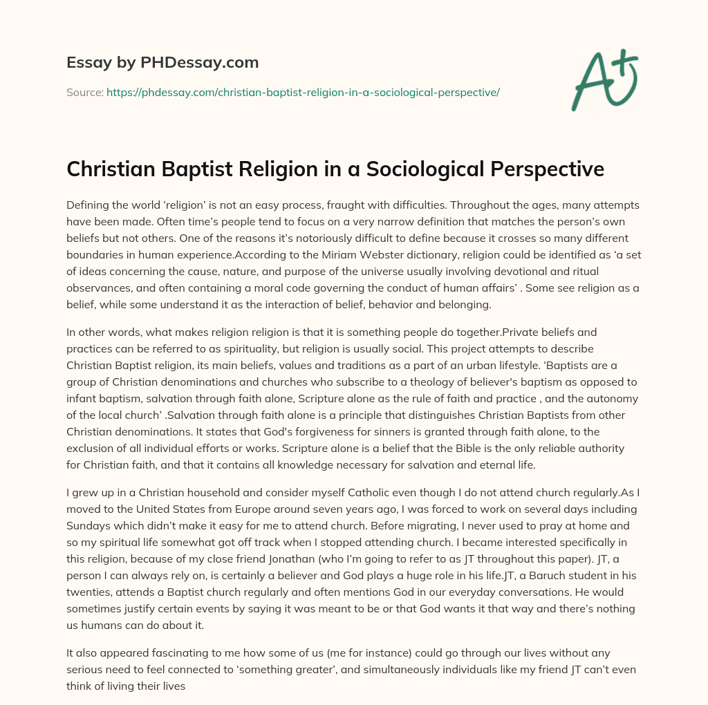 Christian Baptist Religion in a Sociological Perspective essay