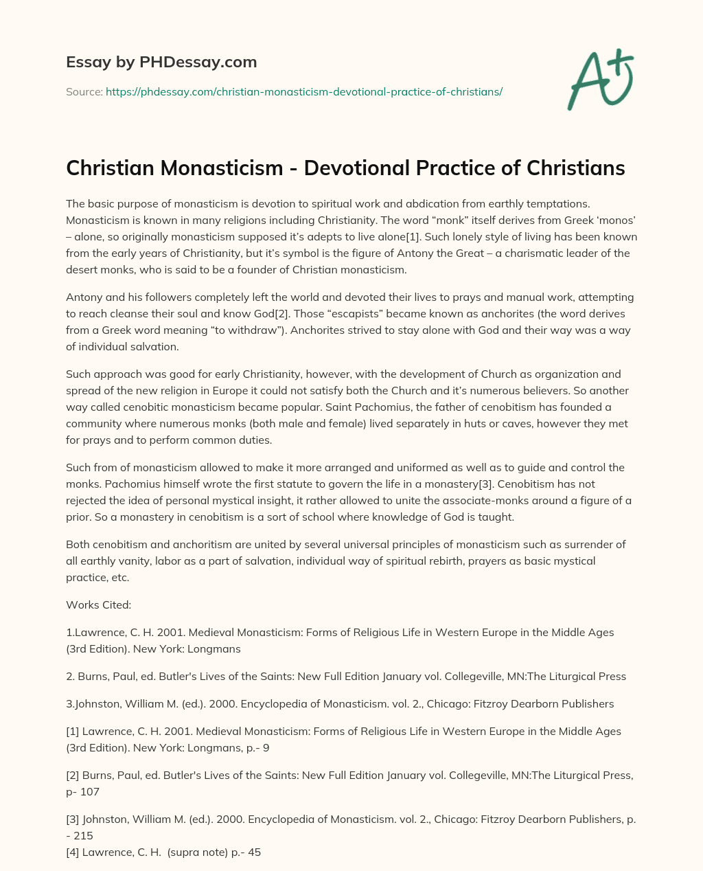 Christian Monasticism – Devotional Practice of Christians essay
