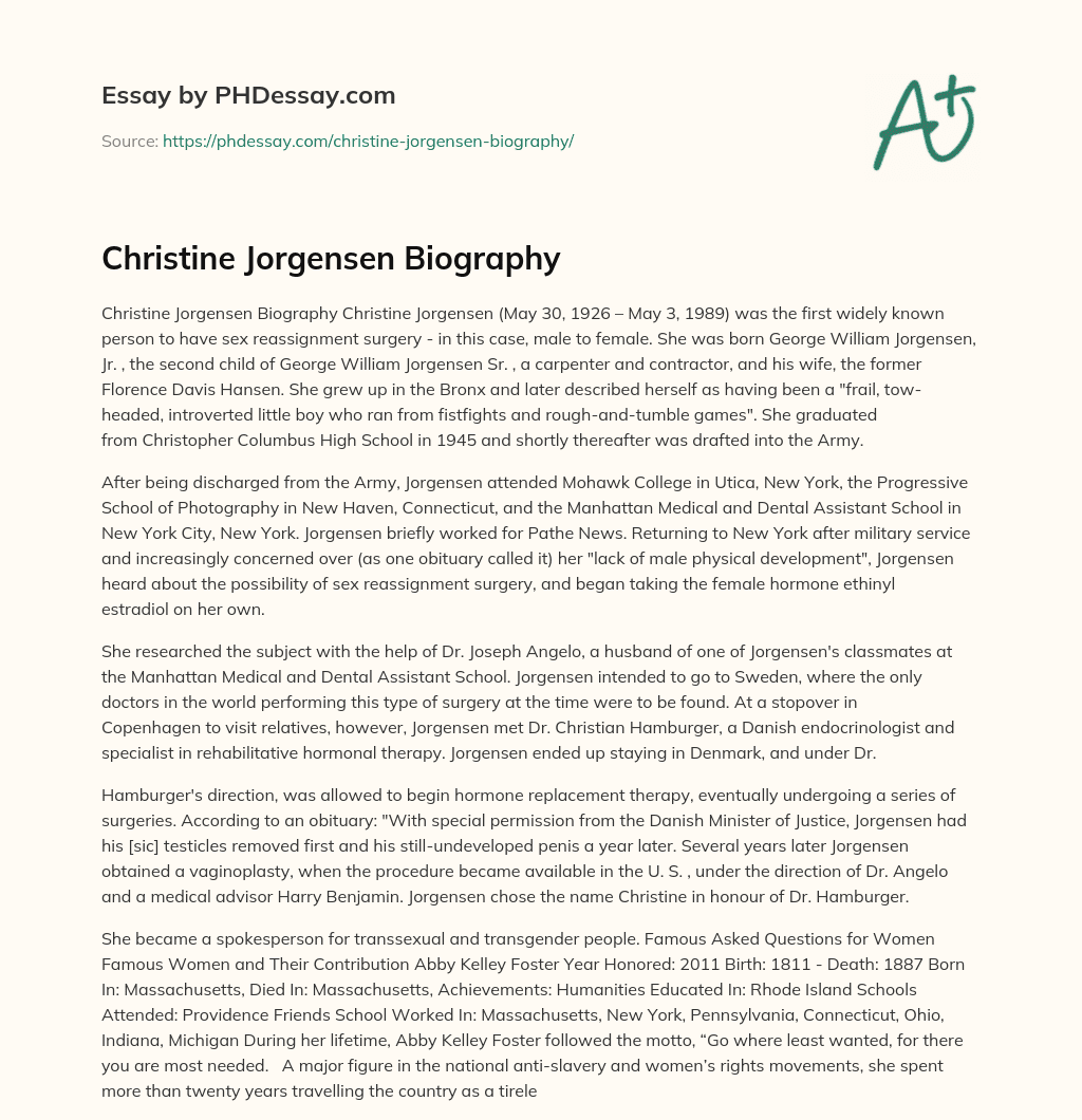 Christine Jorgensen Biography essay