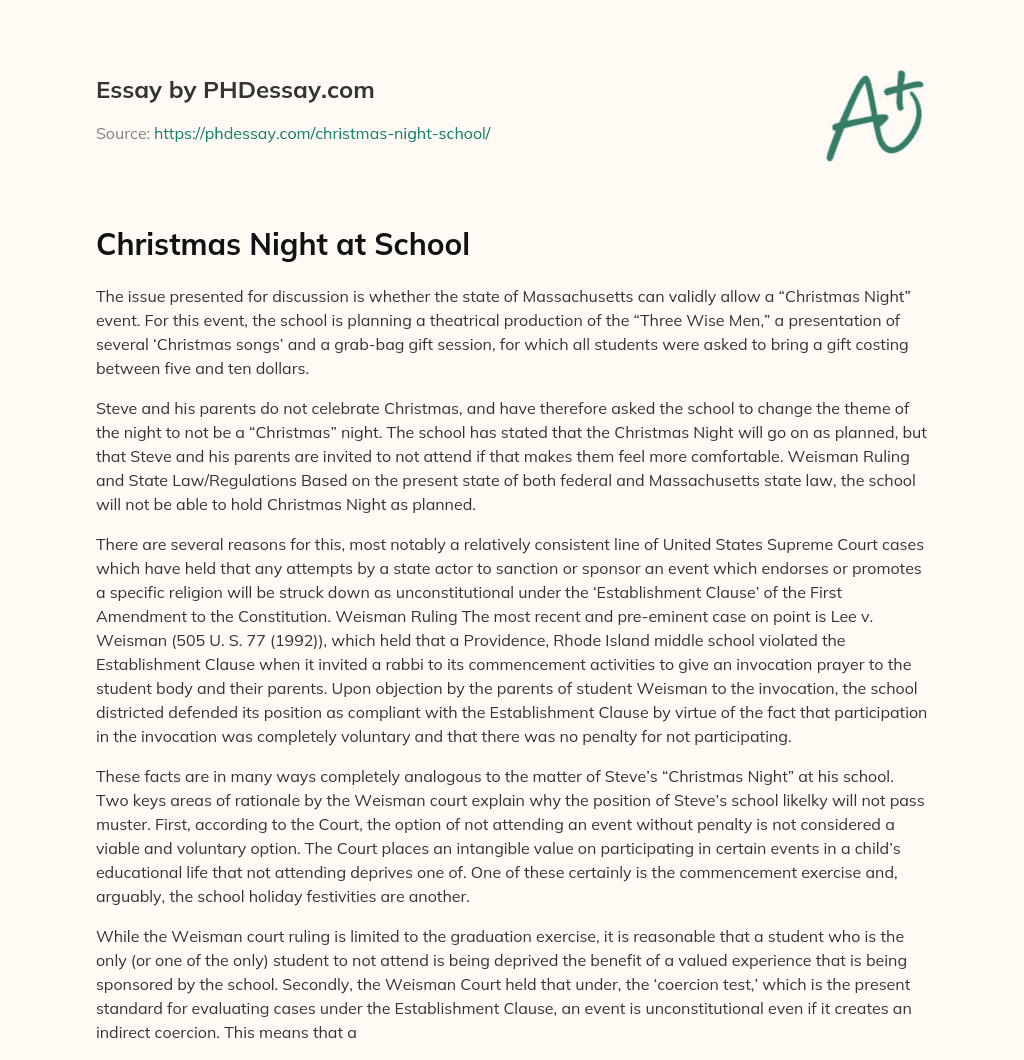 Christmas Night at School essay