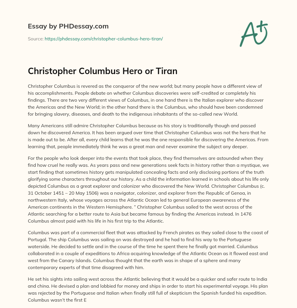 Christopher Columbus Hero or Tiran essay