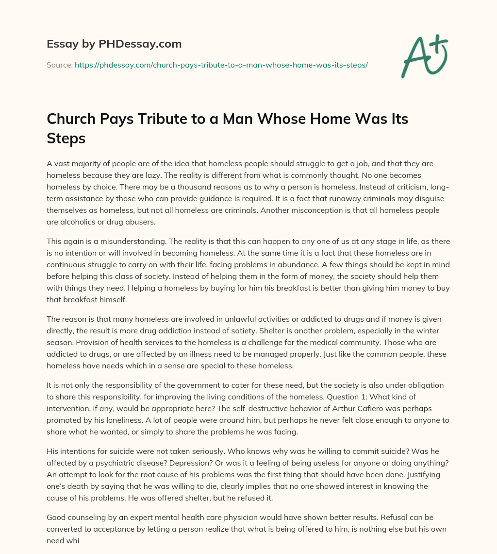 Church Pays Tribute to a Man Whose Home Was Its Steps essay