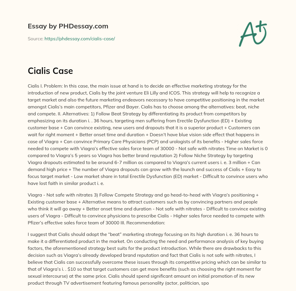 Marketing Strategy for Cialis: Beat, Niche, or Compete? essay
