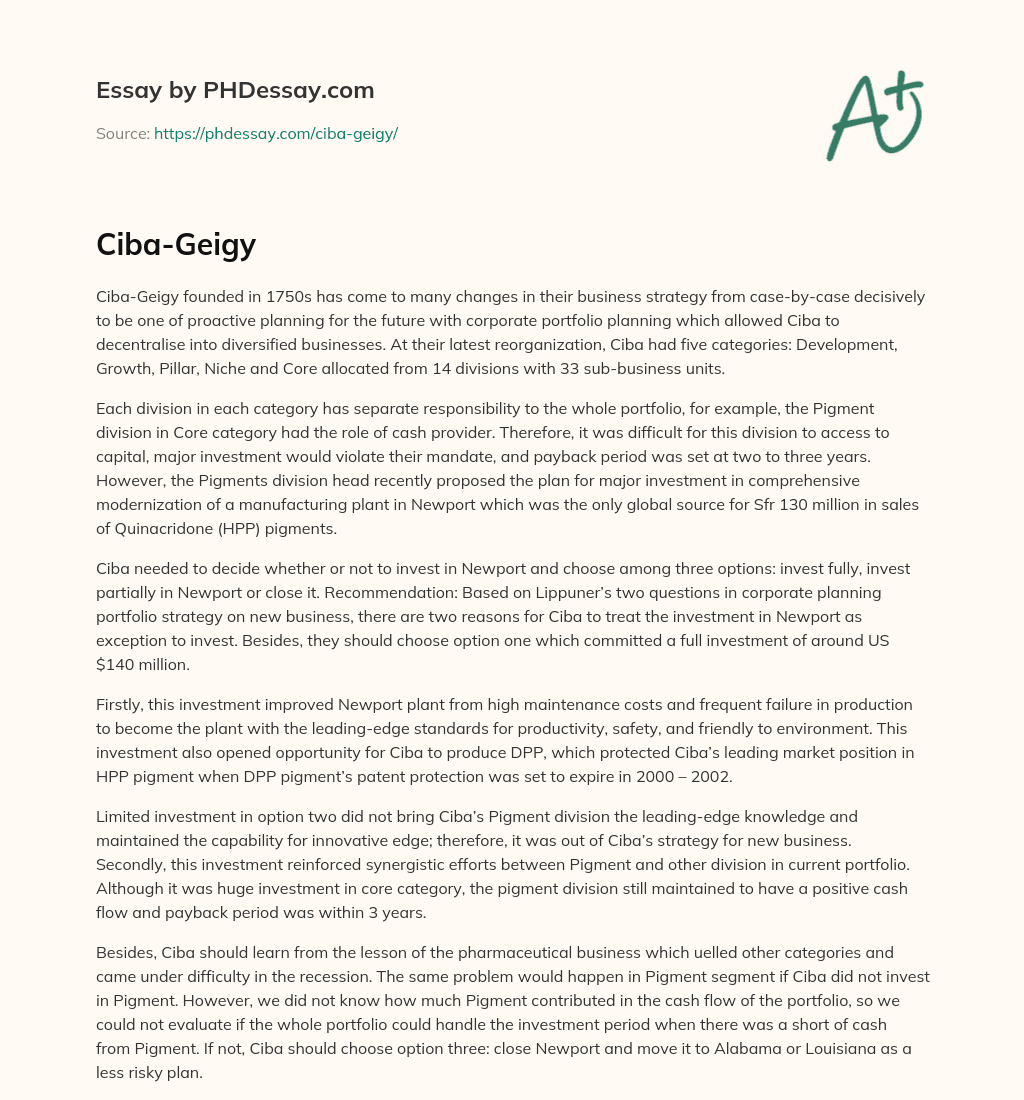 Ciba-Geigy’s Corporate Portfolio Planning and Investment Decision for Pigment Division in Newport essay