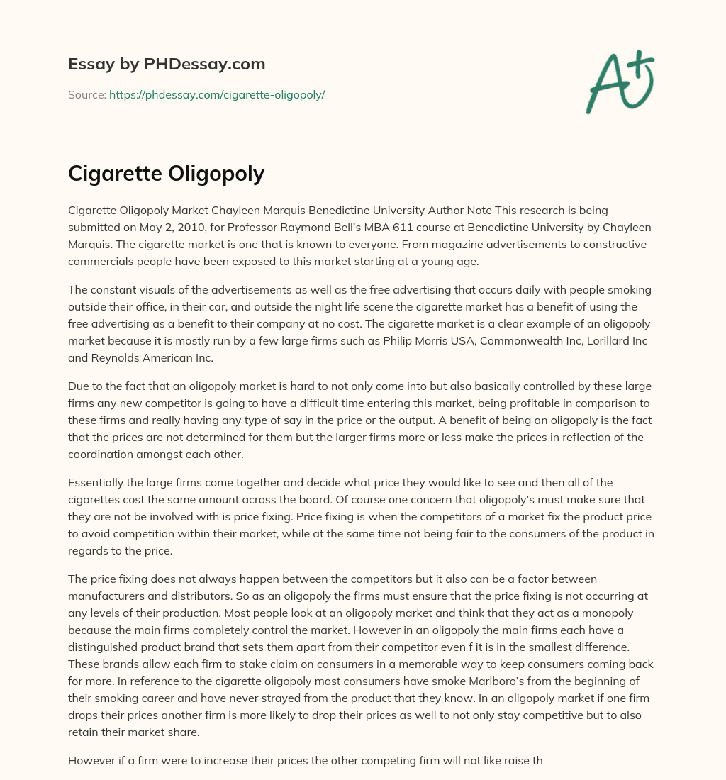 Cigarette Oligopoly essay