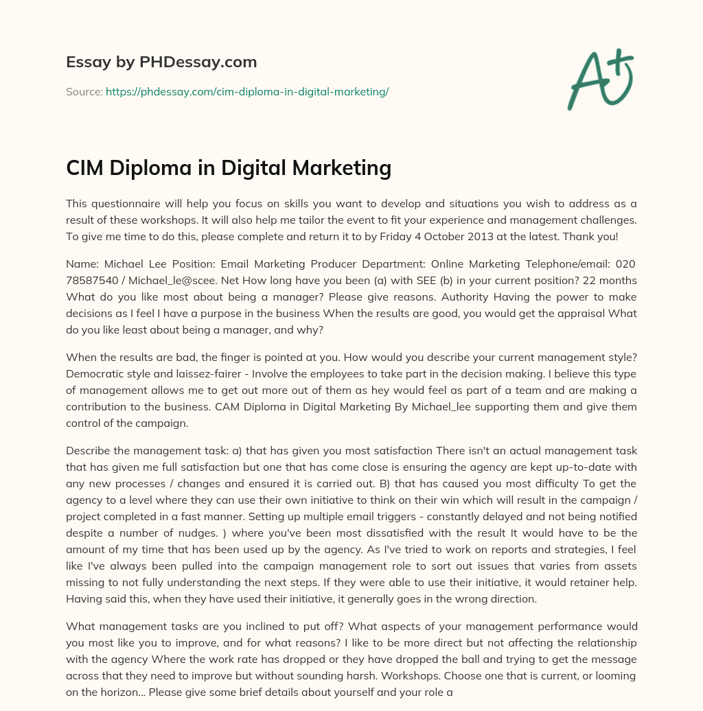 CIM Diploma in Digital Marketing essay