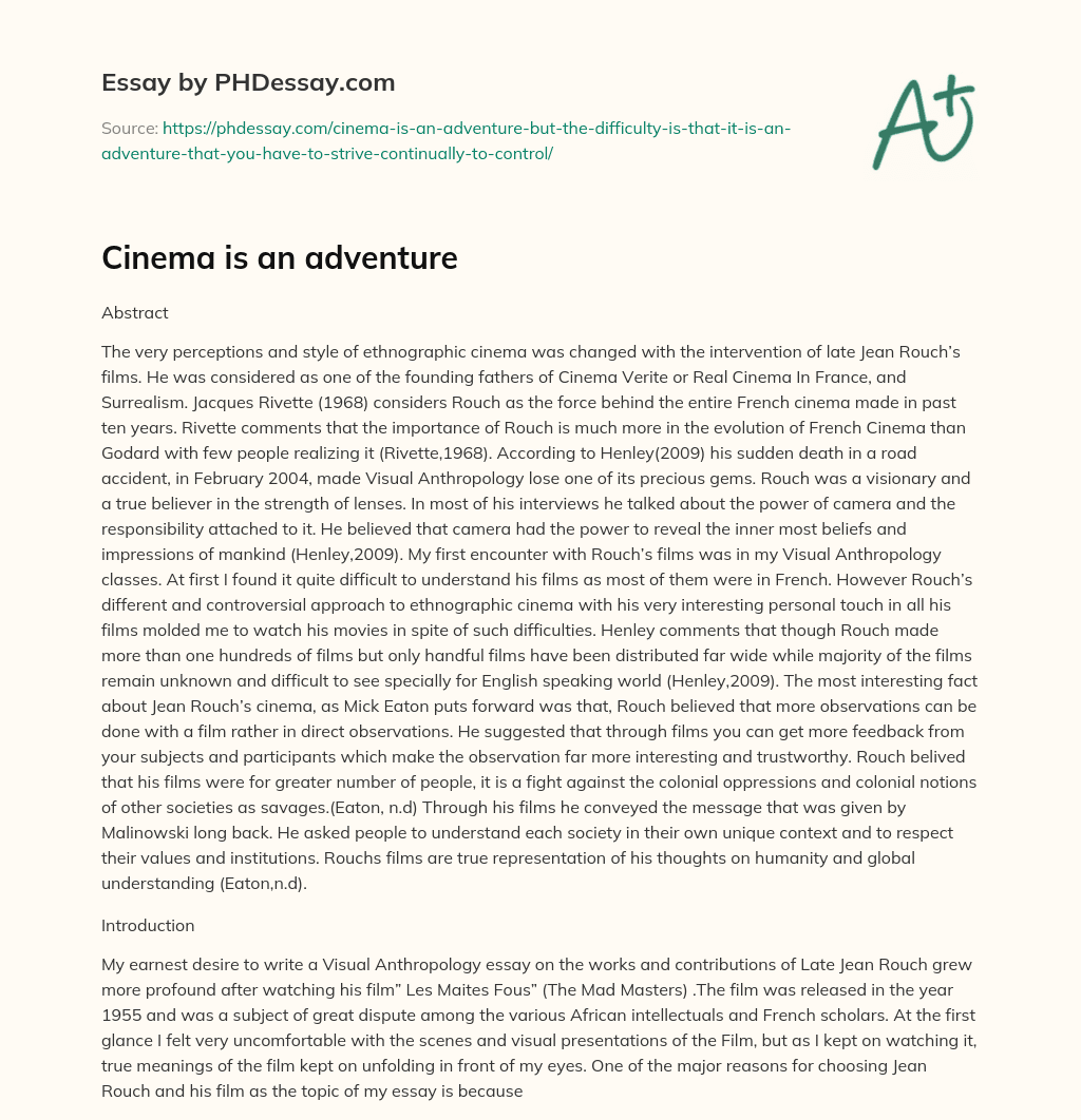 Cinema is an adventure essay