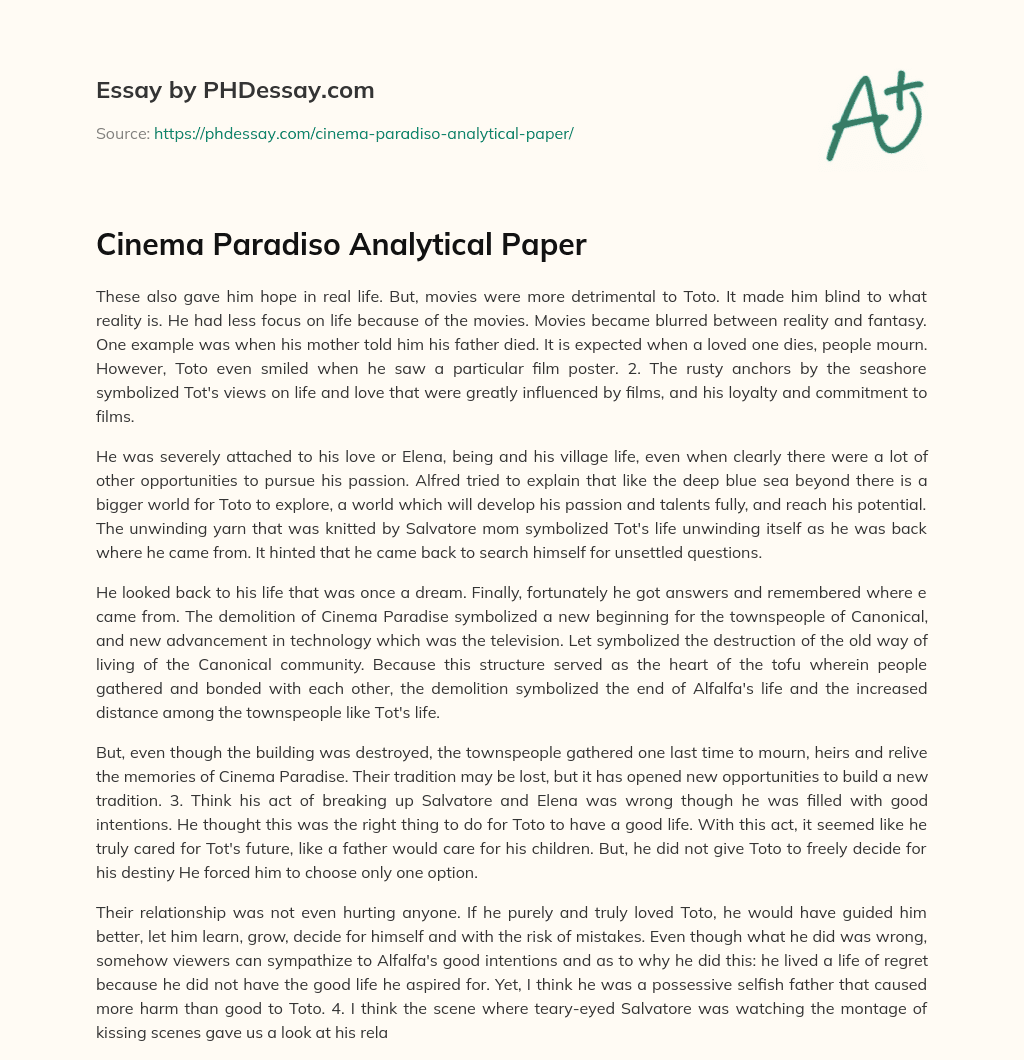 Cinema Paradiso Analytical Paper essay