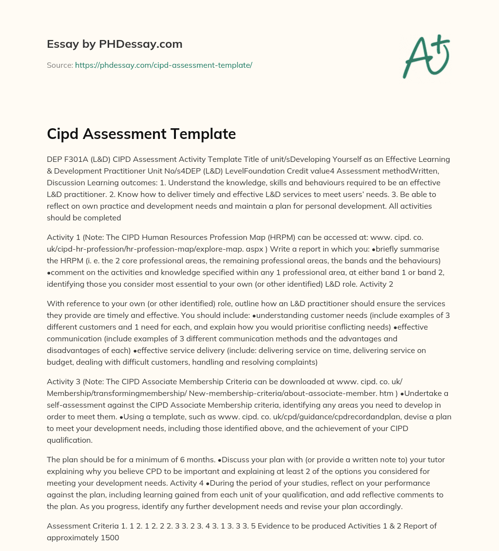 Cipd Assessment Template essay