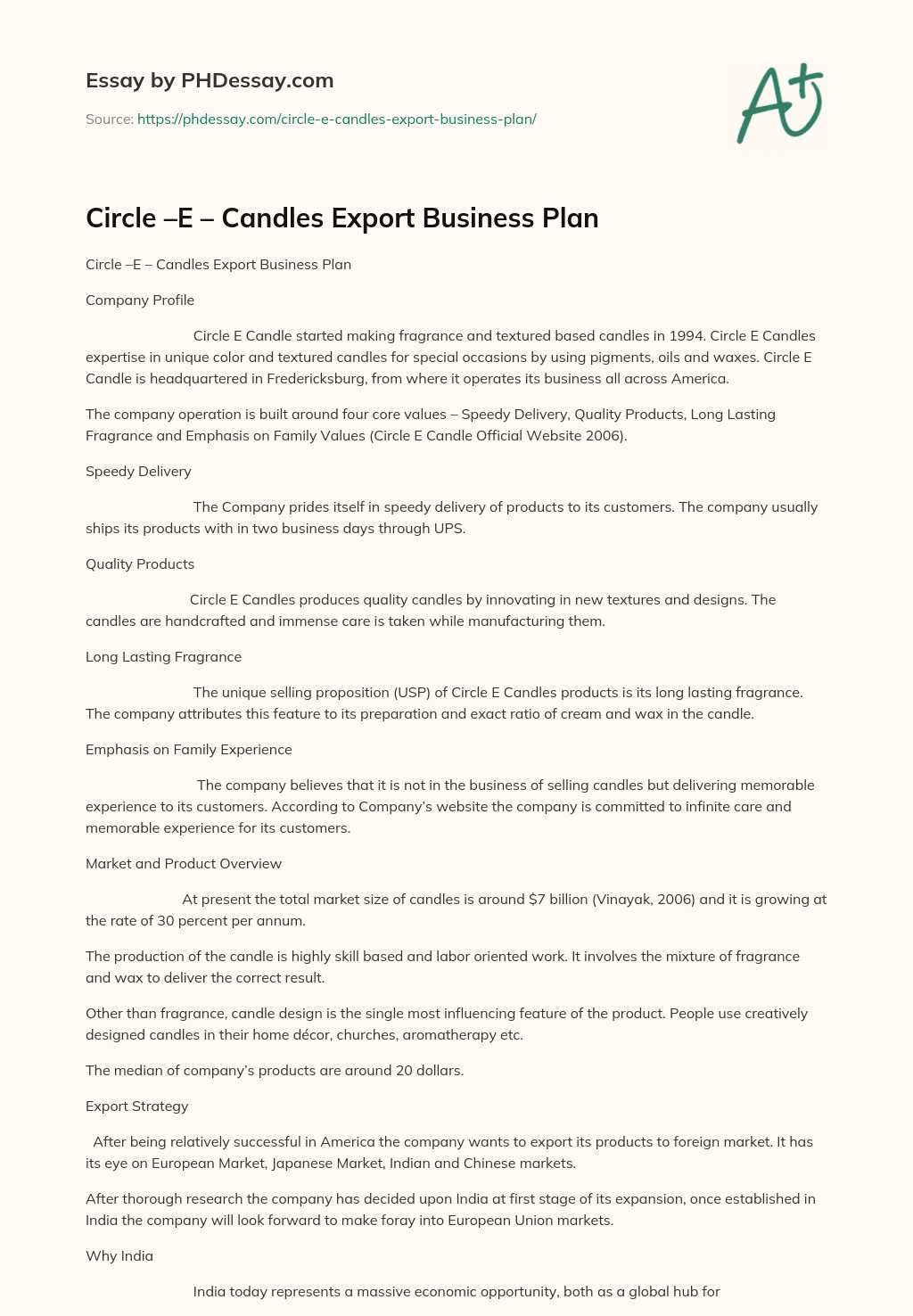 Circle –E – Candles Export Business Plan essay