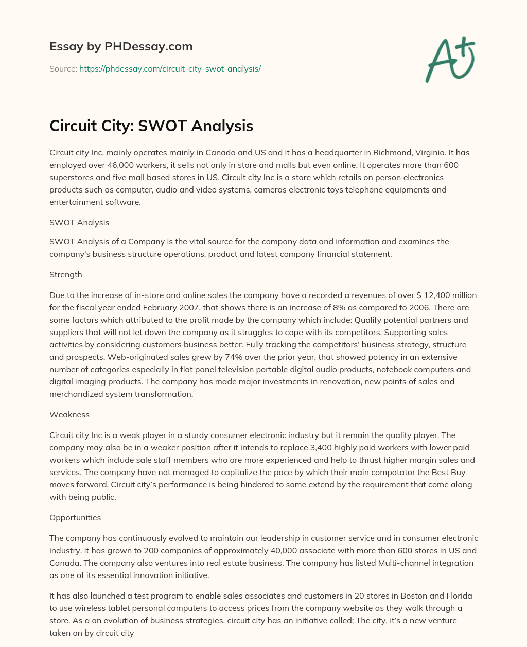 Circuit City: SWOT Analysis essay