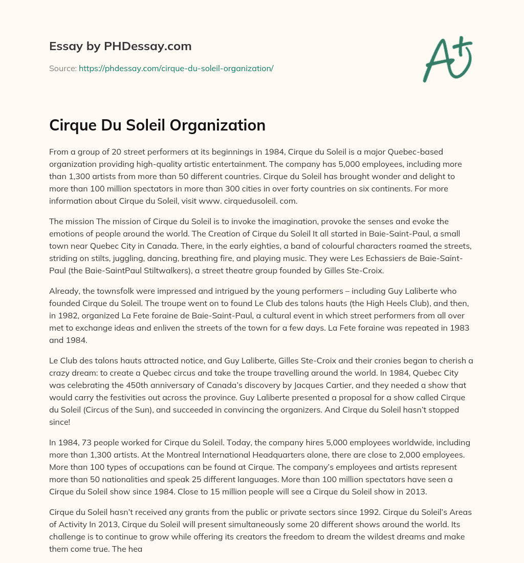 Cirque Du Soleil Organization essay