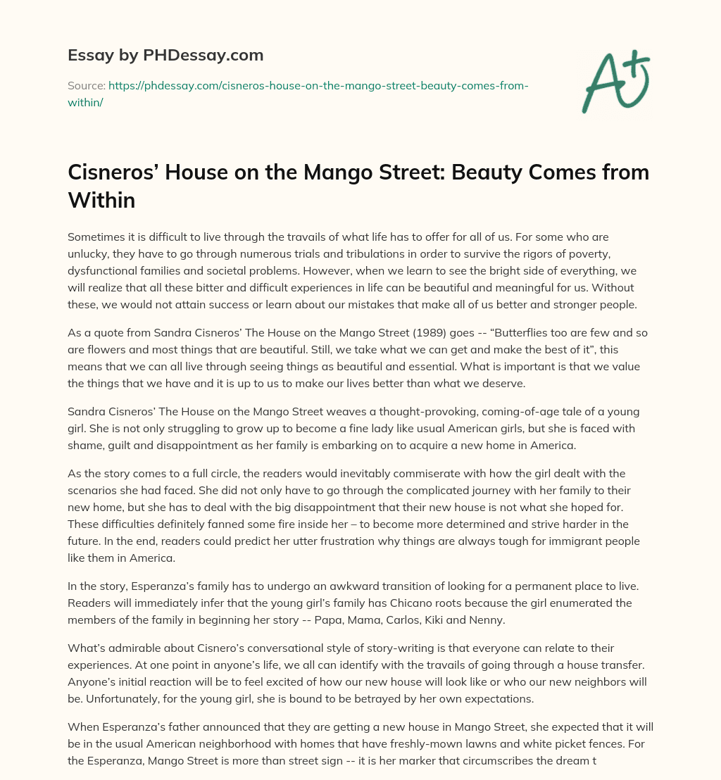 Cisneros’ House on the Mango Street:  Beauty Comes from Within essay