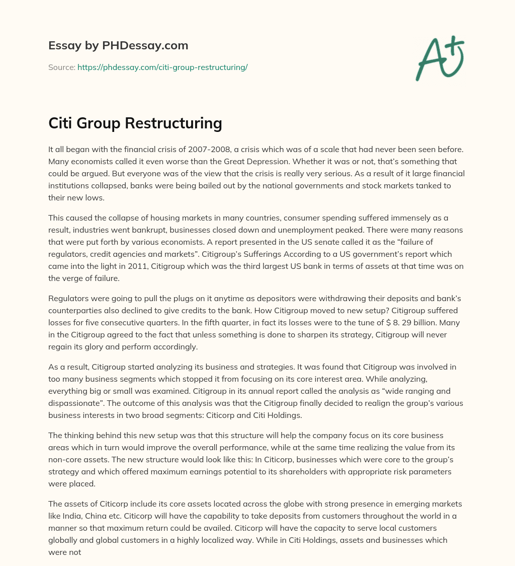 Citi Group Restructuring essay