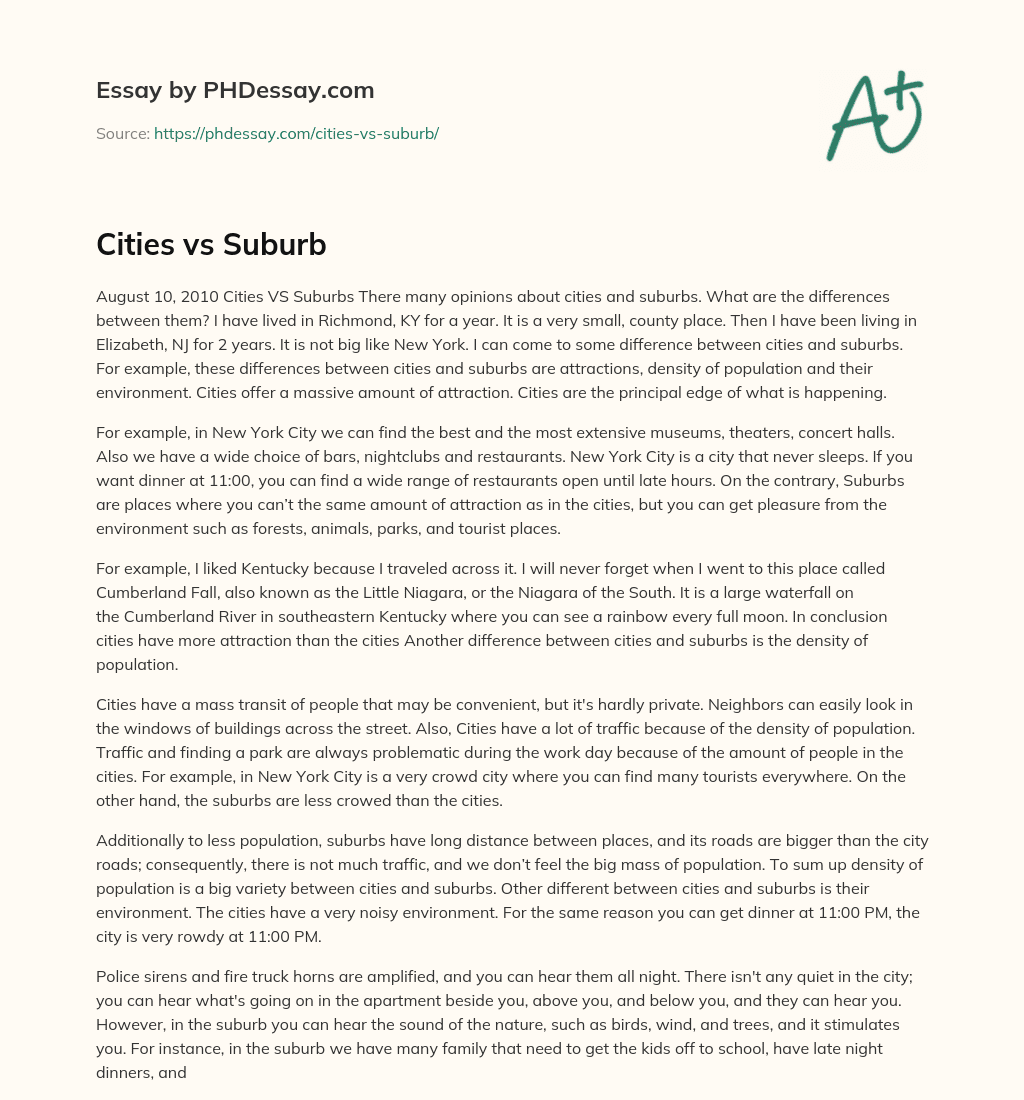 Cities vs Suburb essay