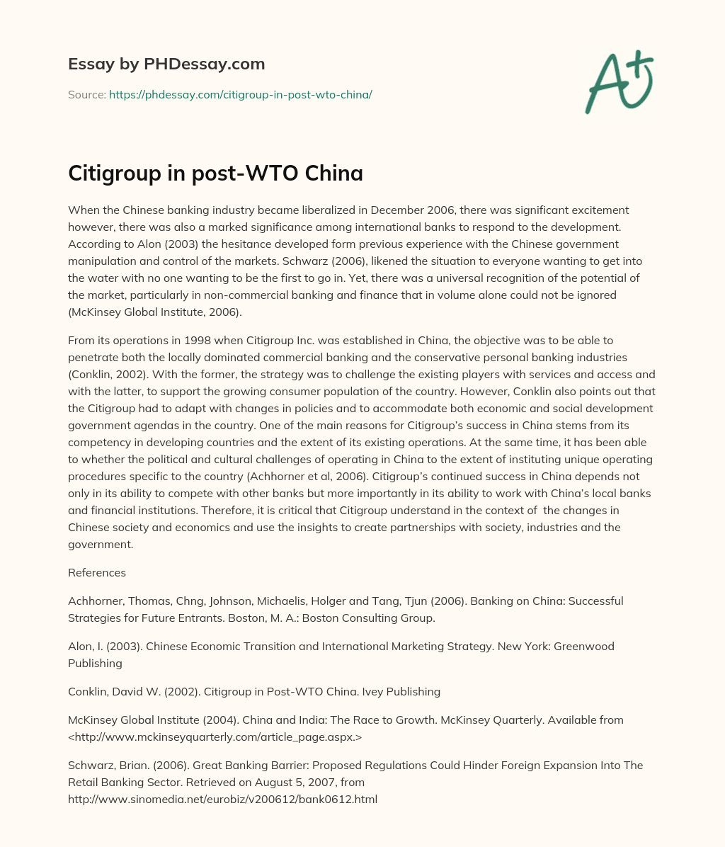 Citigroup in post-WTO China essay
