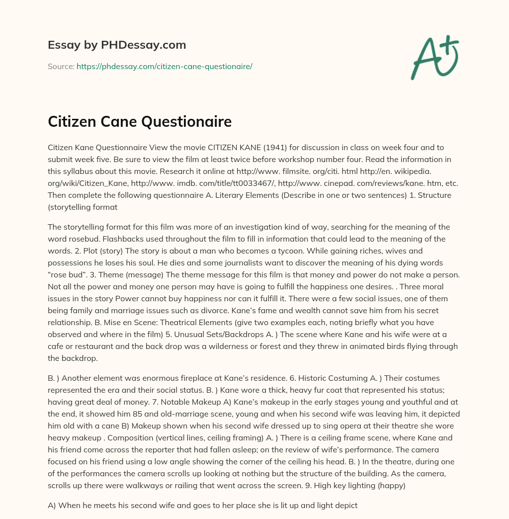Citizen Cane Questionaire essay