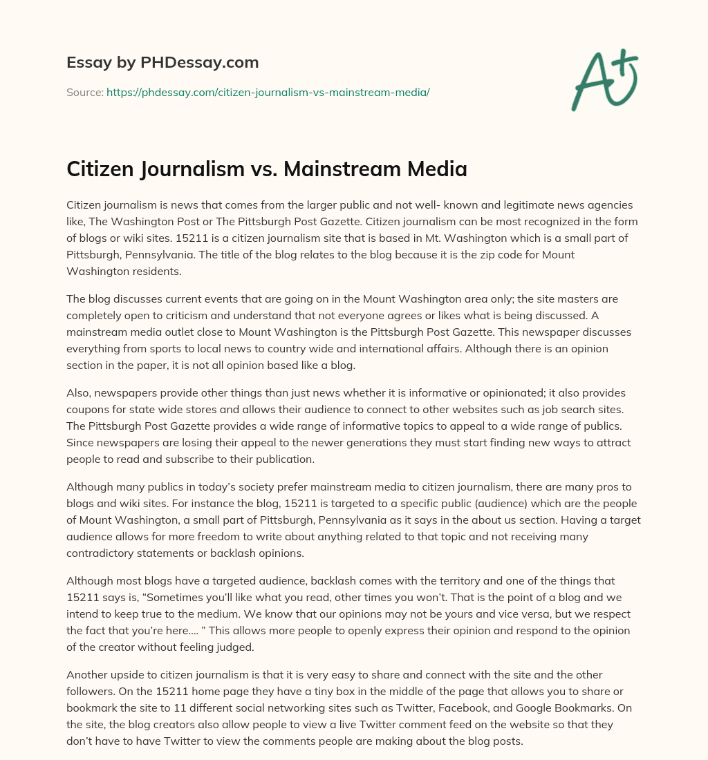 Citizen Journalism vs. Mainstream Media essay