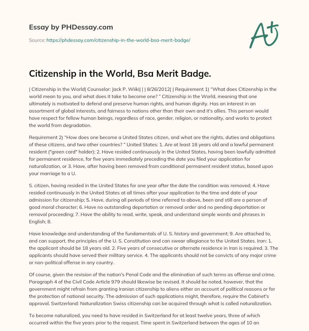 Citizenship in the World, Bsa Merit Badge. essay