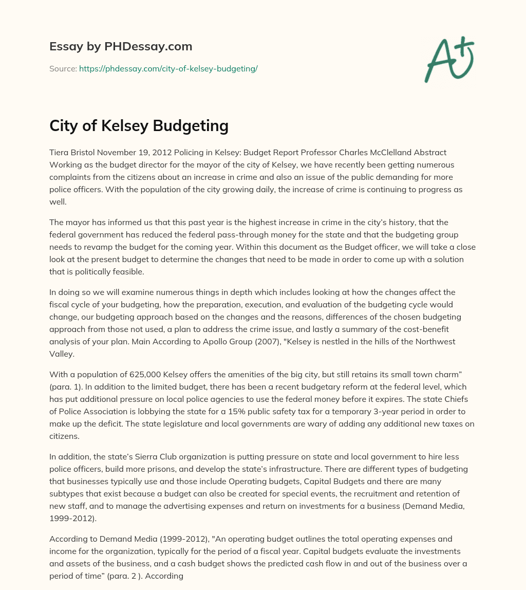 City of Kelsey Budgeting essay