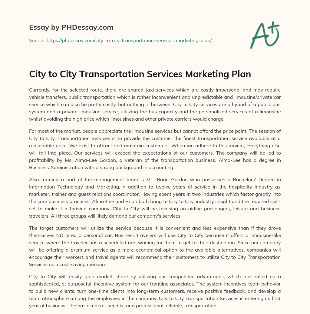 City to City Transportation Services Marketing Plan essay