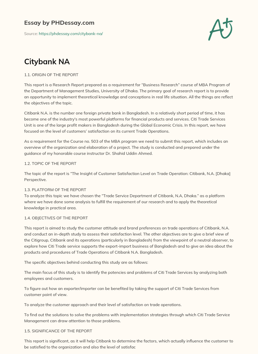 Research Report on Customers’ Satisfaction with Citibank N.A.’s Trade Operations in Bangladesh essay