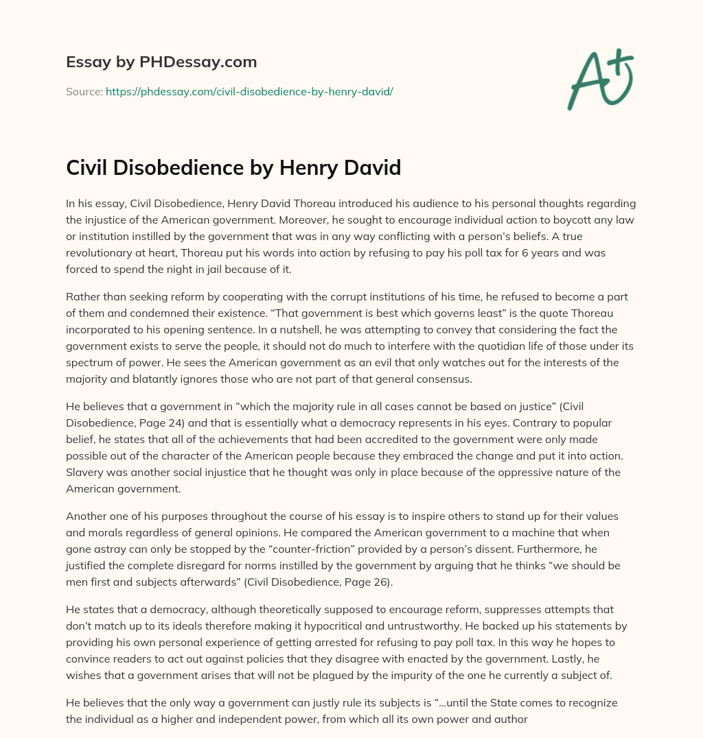 Civil Disobedience by Henry David essay